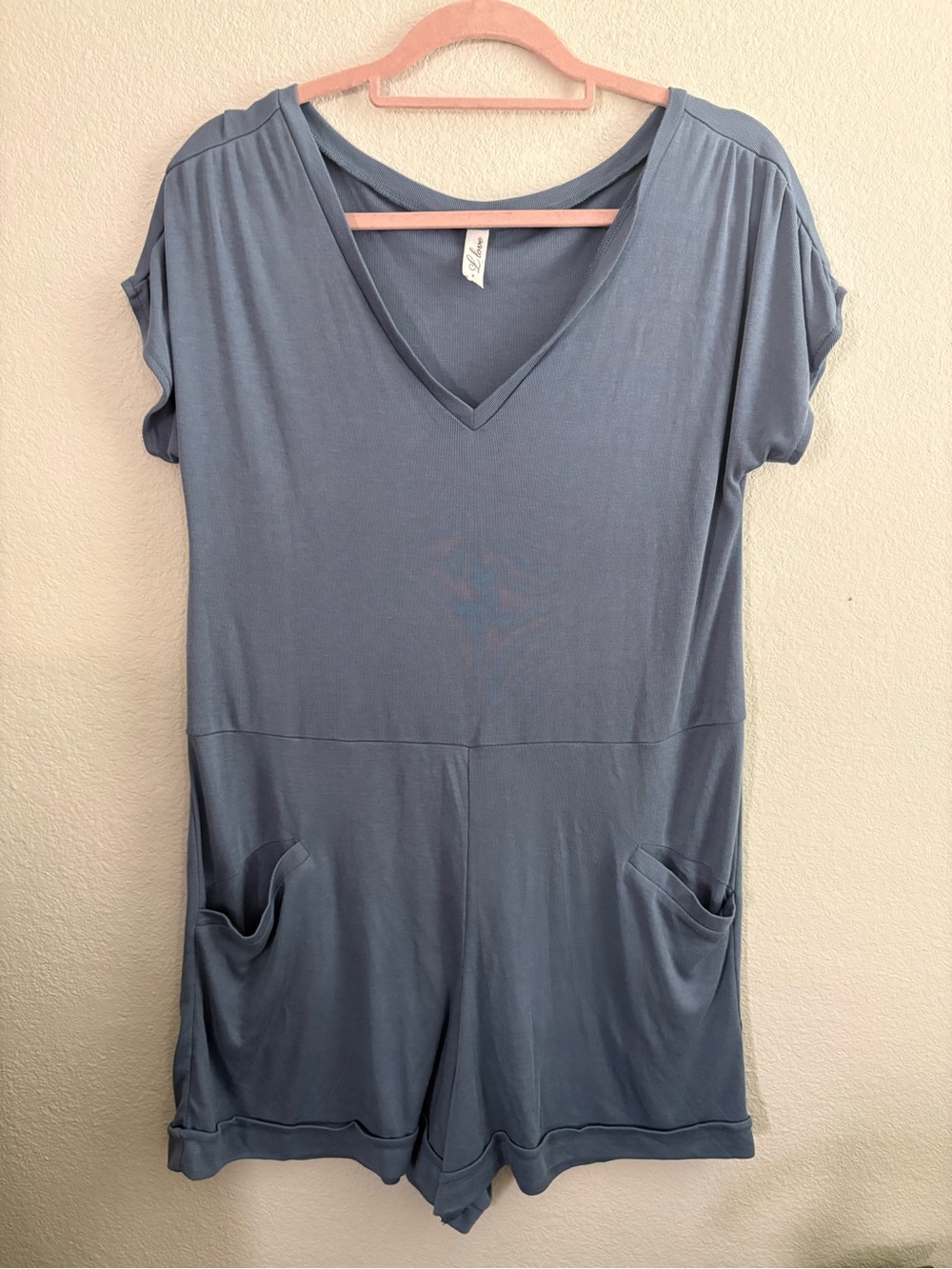Love Ribbed V-Neck Romper with Shorts & Pockets in Slate Blue 73% Rayon NWOT